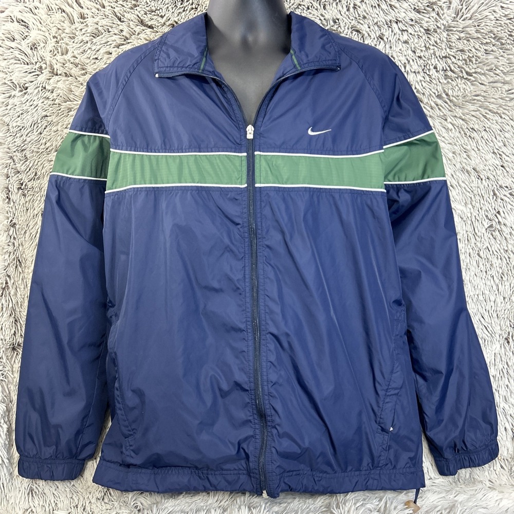 Vtg 90's Nike Windbreaker Track Jacket Full‎ Zip Lined Spell Out Swoosh Navy  L